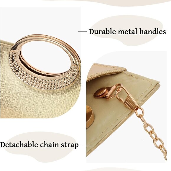 Gold PU Leather Clutch Purse for Women Evening Bag with Detachable Chain and Rhi - Picture 4 of 6